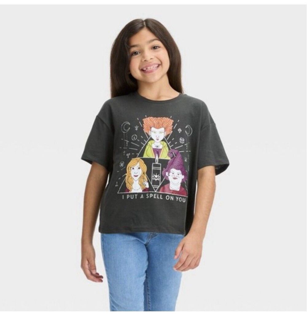 Hocus Pocus Girls Black Cropped Halloween Witch T-Shirt Size M 7-8